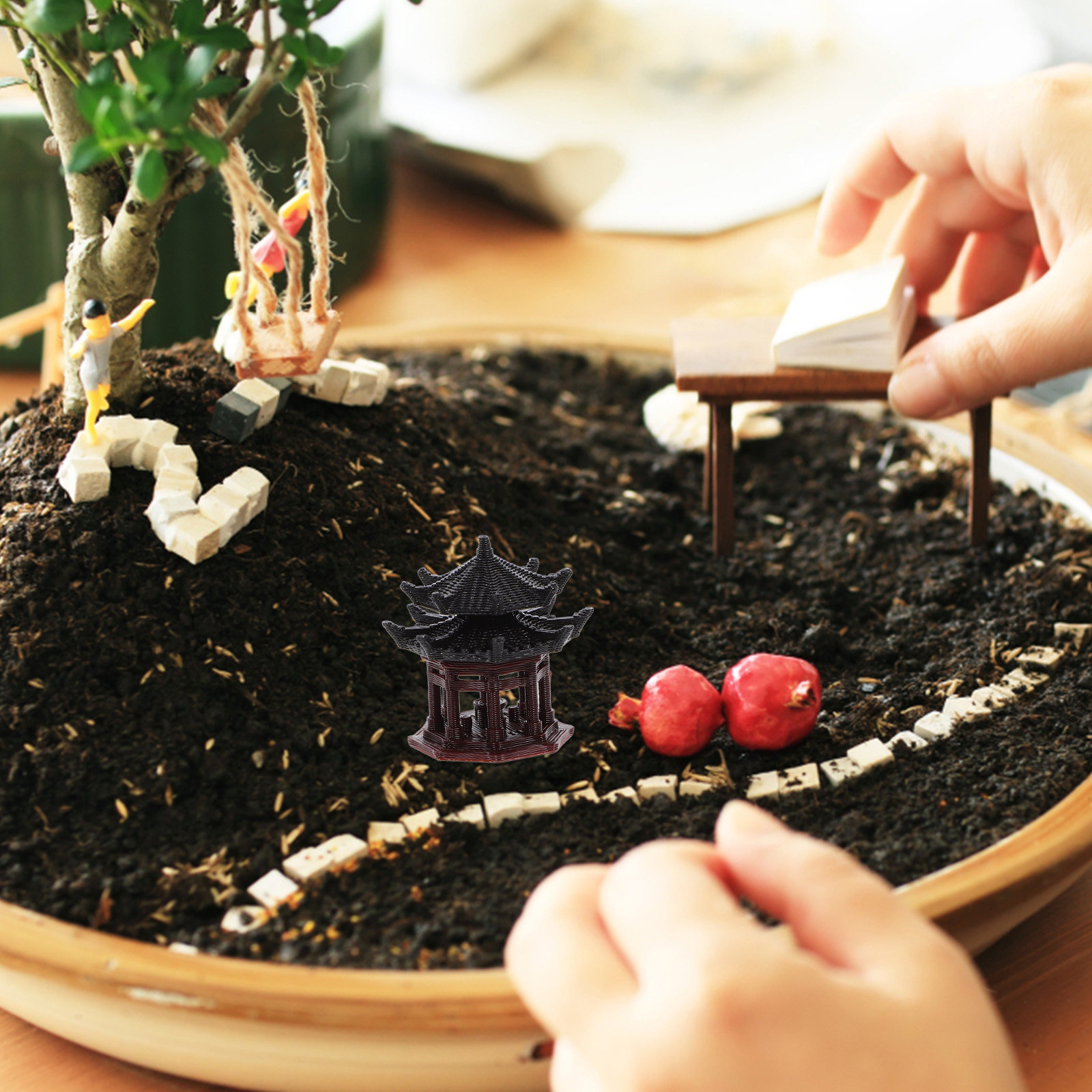 Bonsai Garden Landscape Design - Ornamento de pavilhão de plástico delicado,